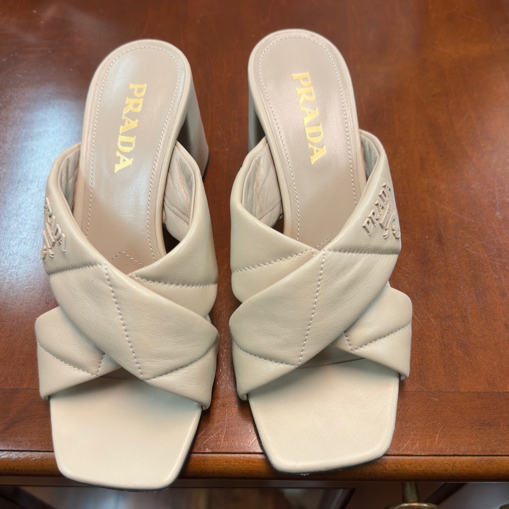 Prada quilted lambskin, crisscross sandals